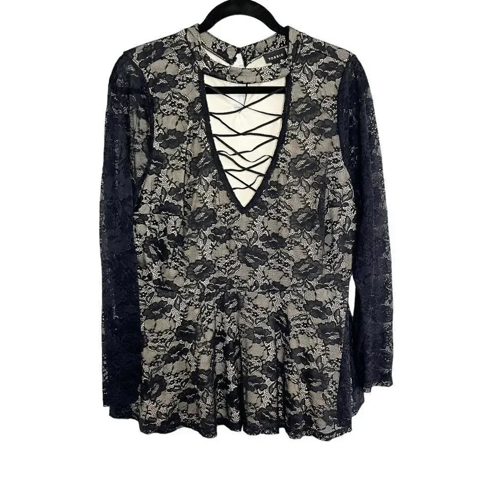 Torrid Black Lace Long Sleeve Peplum Shirt with Cutouts Women's Plus Size 1X